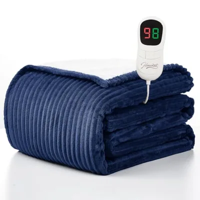 Heated throw 50″×60″, flannel and sherpa, Blue (Striped)