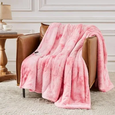 Heated throw 50″×60″, faux fur and sherpa, Pink
