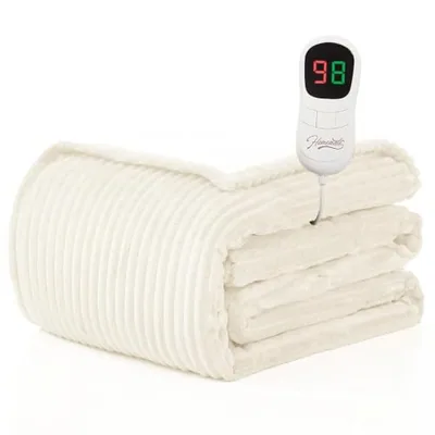 Heated throw 50″×60″, flannel and sherpa, Cream(striped)