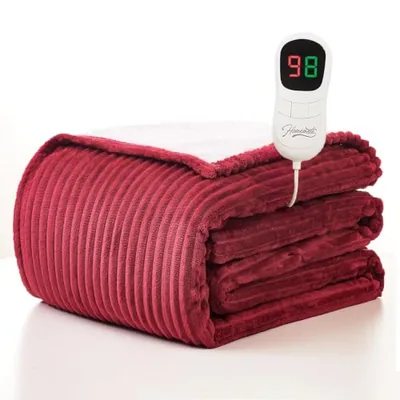 Heated throw 50″×60″, flannel and sherpa, Red (Striped)
